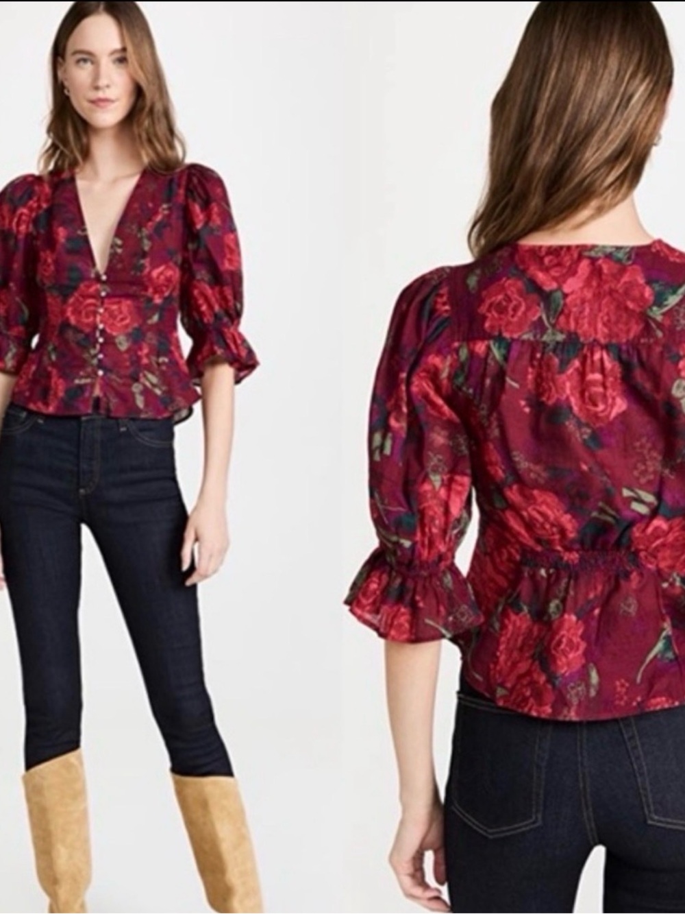 Free People Burgundy Rose Floral V-Neck Puff Sleeve Blouse